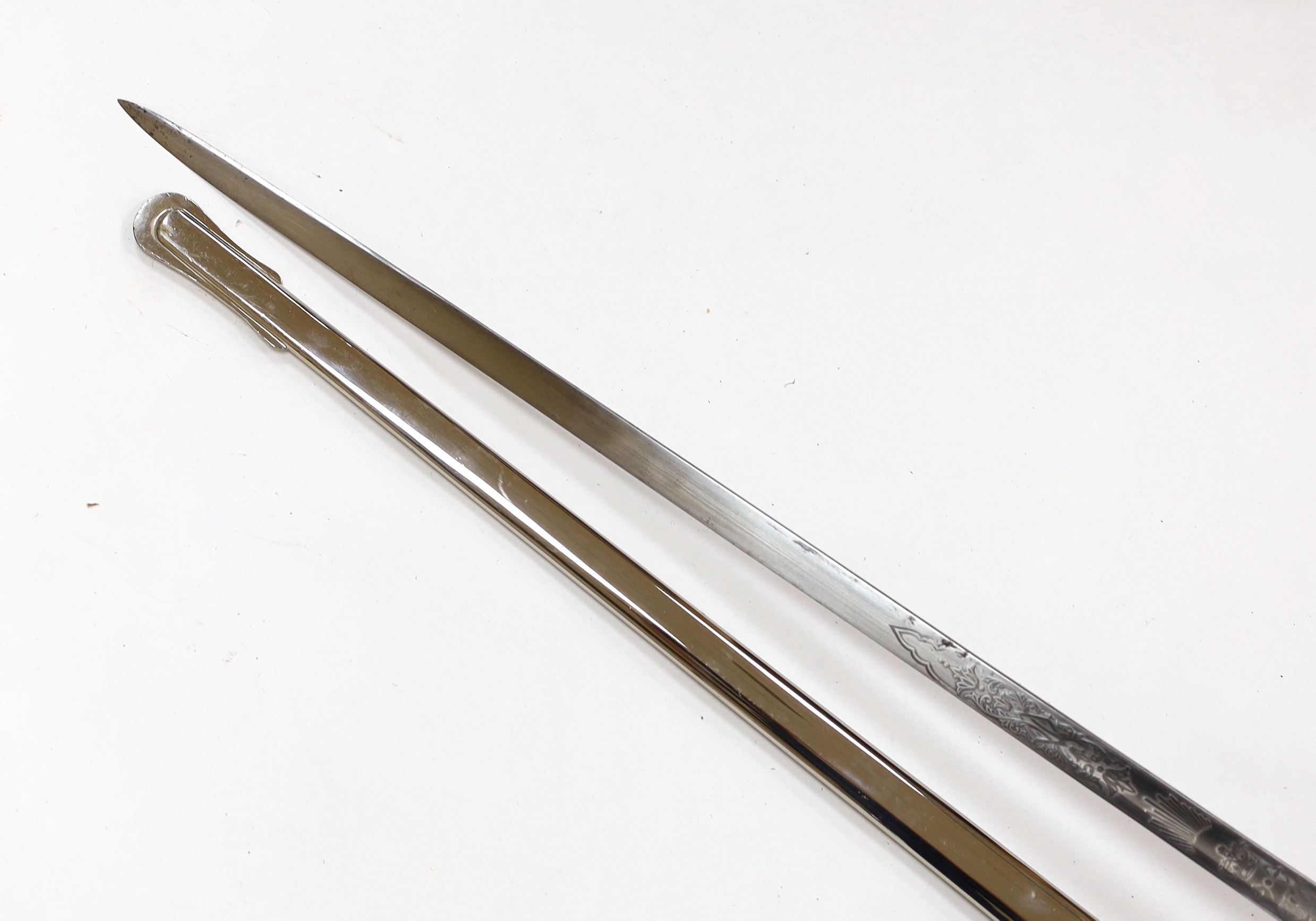 A George V officer's sword, maker Hawksworth Sheffield, in chromed scabbard, blade 82cm